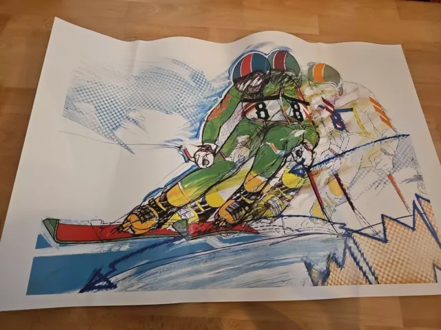 Rüdiger Eschert Sportillustration Signiert Skifahren Lauf 1984 Druck