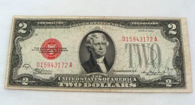 1928 United States $2 Dollar Bill Red Seal Signed By Treas. Secretary Morgenthau