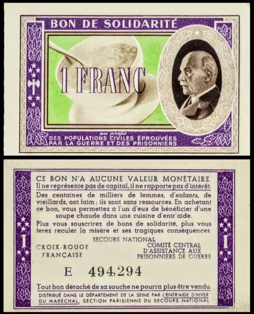 1941 France (French State) Bon de Solidarite 1 Franc Voucher, Philippe Pétain