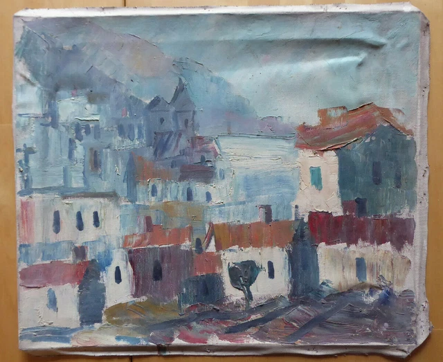Viejo Pintado Óleo En Lona Años 50 Vista País España Cuadro Vintage MD3