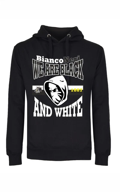 Felpa nera unisex con cappuccio e marsupio con stampa solo su davanti Bianconeri