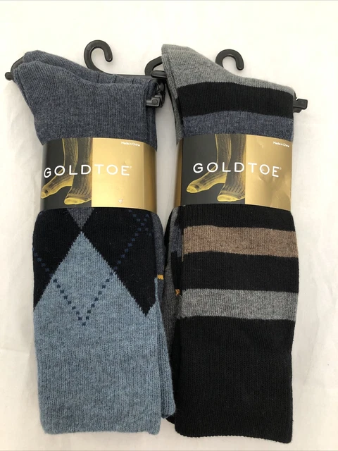 6 Pairs Gold Toe Men's Socks Crew Cotton Blend Shoe Size 6-12.5 Blue Black Gray