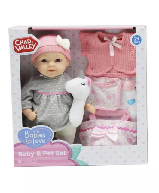 Chad Valley Babies to Love Baby and Pet Set - 13cm - Unicorn and clothes - New