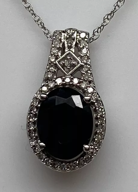 10K White Gold Oval Shape 1 carat Sapphire and Diamond Pendant with Chain New
