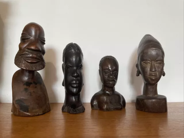 Group Of Tribal Hand Carved Bust Statues Wood African - Old Antique Ebony?