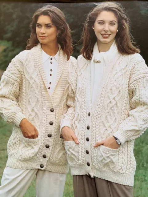 Lc034 Knitting Pattern Ladies Aran Shawl Collar Jacket & V Neck Cardigan 30-40