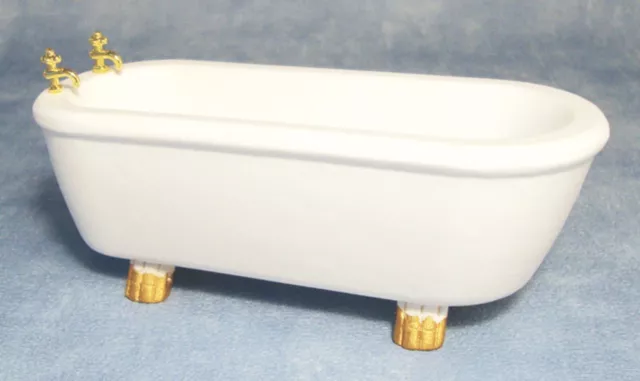 White Wooden Bath With Gold Painted Feet Tumdee 1:12 Scale Dolls House Miniature