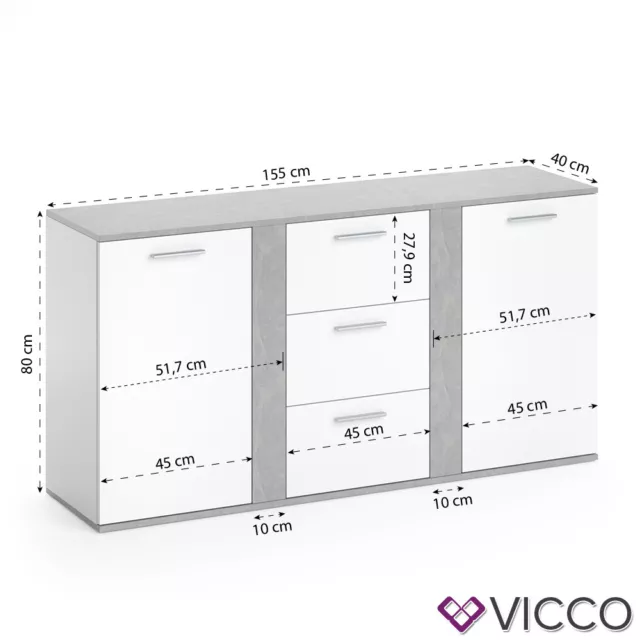 Sideboard Highboard Kommode Anrichte Schrank 2 Türen Novelli Weiß Beton Vicco 3