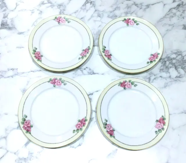 4 Mz Austria Hand Painted Cake Pastry Dessert Plates Pink Roses Black Band 1884+
