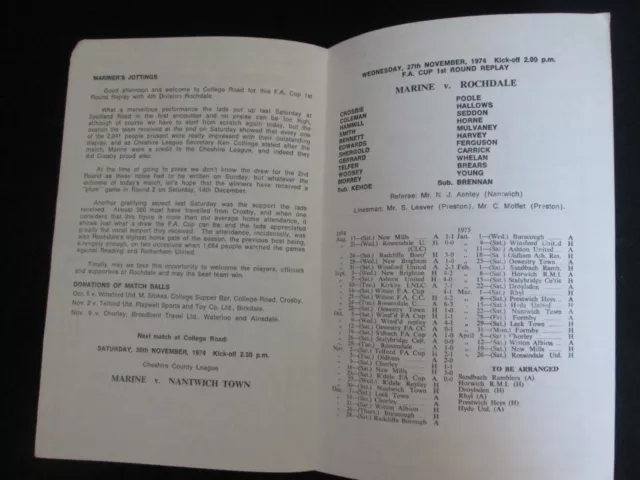 Marine v Rochdale 27th Nov 1974 FA Cup 1st Round Replay Football Programme C29 2