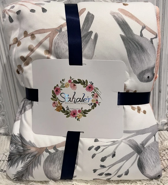 NEW Sahaler Crib Bedding 3 Piece Set Gray Pink Watercolor Birds