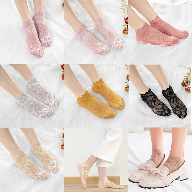 10 Pairs Women Ultrathin Transparent Crystal Silk Lace Elastic Short Ankle Socks