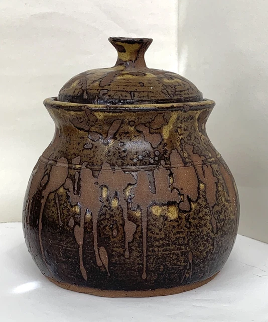 Vintage Studio Art Pottery Stoneware Covered Crock. Handmade, Drip Glaze. Signed