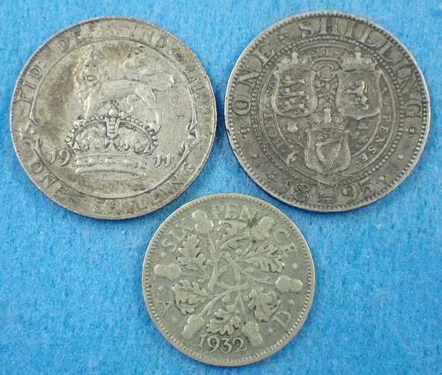Lot Of 3 British Silver Coins: 1895 & 1911 One Shilling And 1932 Six Pence