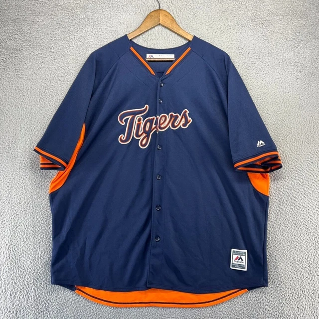 Majestic Detroit Tigers Baseball Jersey Mens 2XL Blue Orange Button Short Sleeve Majestic Detroit Tigers Baseball Jersey Mens 2XL Blue Orange Button Short Sleeve