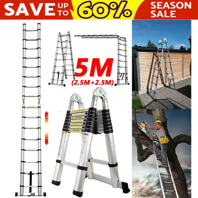 5m New Aluminium Folding Telescopic Ladder Extension Extendable Builders Tool