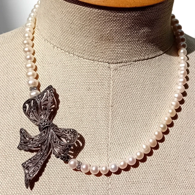 Art Deco Necklace - Silver Bow Corsage on Fresh Water Pearls - Re Purposed
