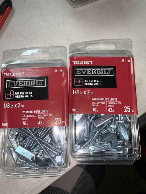 2 Pack25 Pc Everbilt 1/8 in. x 2 in. Zinc-Plated Toggle Bolt Mushroom Head Screw