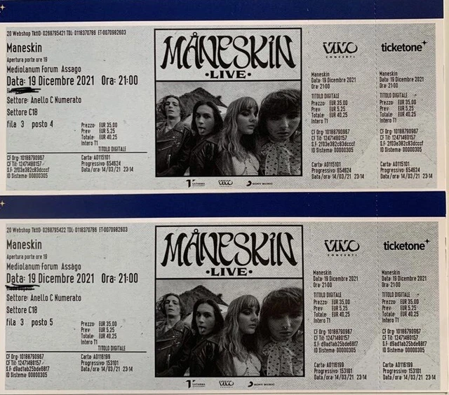 2 biglietti numerati concerto Maneskin Mediolanum forum Assago 6 aprile,