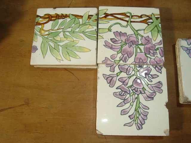 Purple wisteria flowers 36 France Sarreguemines Original antique reclaimed tiles 10