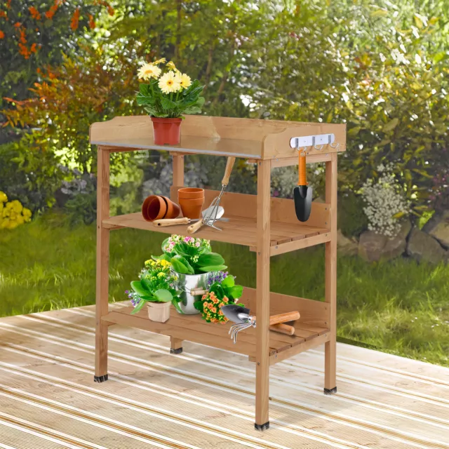 Outdoor Garden Wooden Potting Bench Work Station Table w/ Hooks, Natural