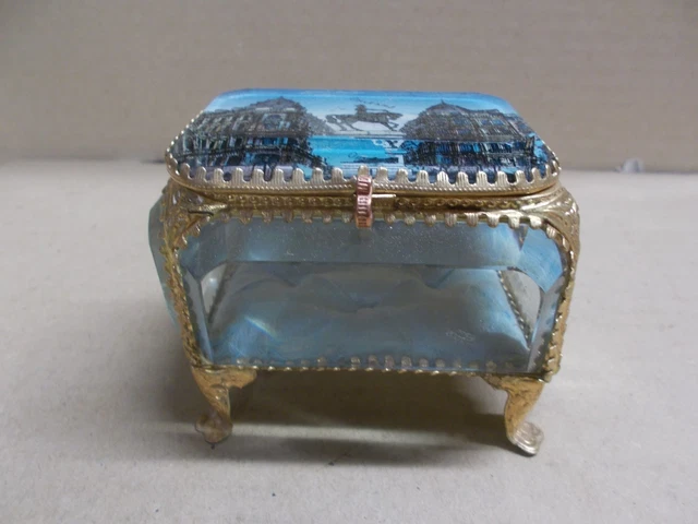Ancienne Boîte à Bijoux En Laiton à Facettes - Verre Biseauté Décor Phare Du Havre - Occasion