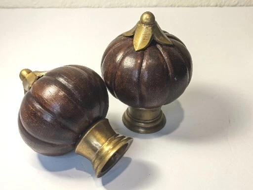 Drapery Finials Art Deco Antique Brass & Wood Curtain Rod 2 pc. 1 3/8” Screw On