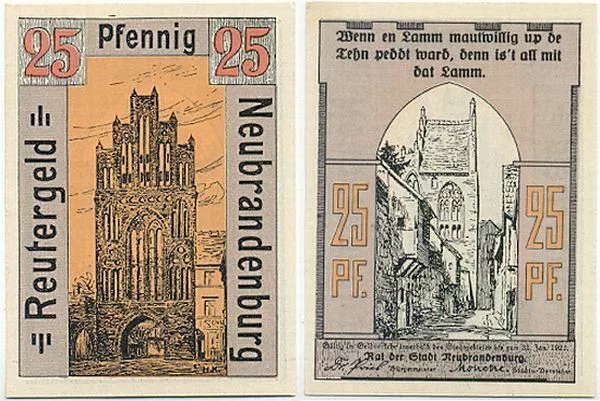 Neubrandenburg, 1 Schein Notgeld 1921, Ortsansicht, Reutergeld, 25 Pfennig