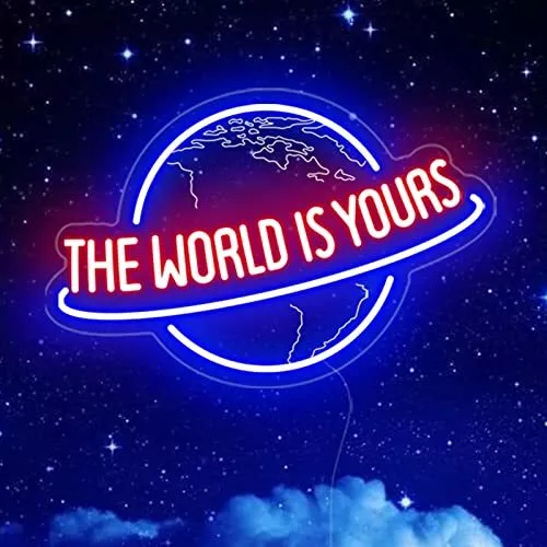 Letrero de neón The World Is Yours, planeta 12 V 15 pulgadas, azul, rojo