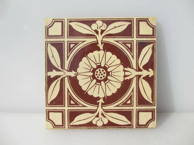 Victorian Ceramic Tile Floral Flowers Leaf Art Nouveau Old Antique "Maw & Co"