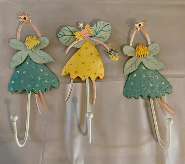 Set of 3 Vintage Girls Room Decor Shabby Chic Metal Fairy Coat & Hat Wall Hooks