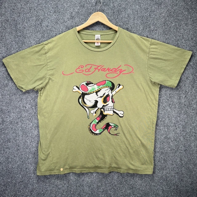 Vintage Ed Hardy Shirt Mens 2XL Green Tattoo American Art Skull Grunge Logo