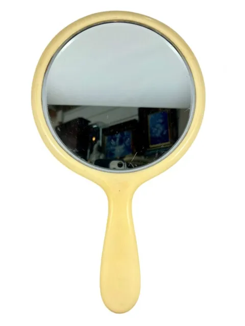 Vintage French hand held mirror vanity celluloid round FRANCE 1970's VGVC