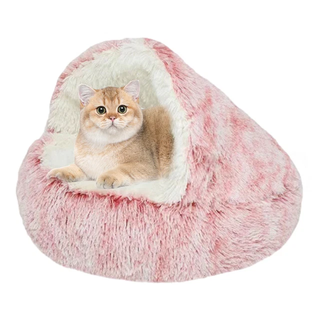 Cat Bed Cave Round Plush Fluffy Hooded Cat Bed Donut Self Warming Pet Dog Bed