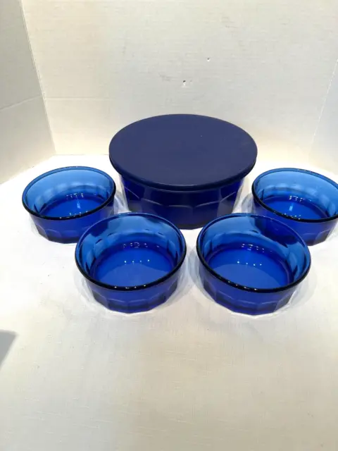 Arcoroc Cobalt Blue 5 Pc  9" Serving Bowl W/Lid & 4 Bowls 5 1/4" Made in France