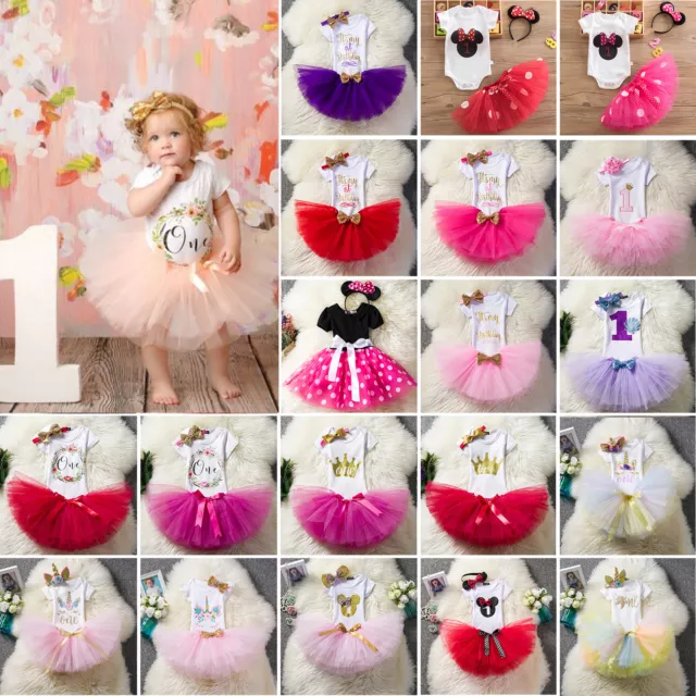 Baby Girl 1st Birthday Party Outfit Dress Headband Tutu Tulle Skirt Set Outfits