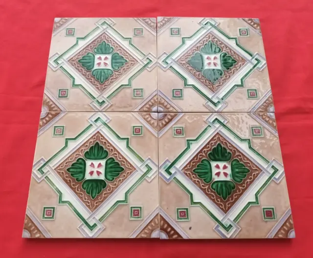 4 Piece Old Art Floral Embossed Design Majolica Ceramic Tiles Japan 0274 2