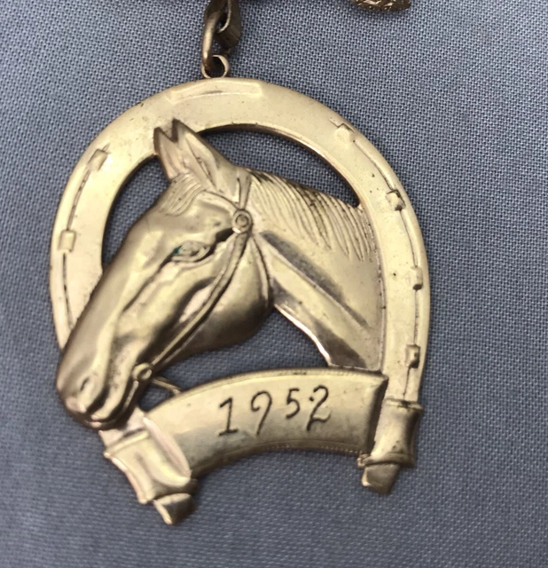 Horseshoe Horse Brooch Pin by Golden Key Engraved S J 1952 Gold Tone 2.5"