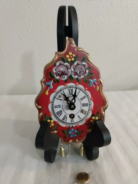 Vintage Miniature Hand Painted Wall Clock Has Pendulum And Key,  W. Germany