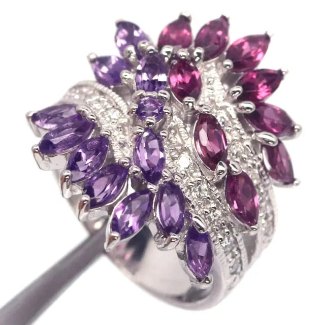 Améthyste Violet, Rhodolite & Zircone Bague 925 Argent Sterling Taille 6.5