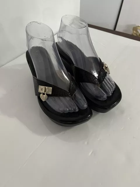 Guess Sandals Black Wedge Silver Logo Women's Size 7M Y2k