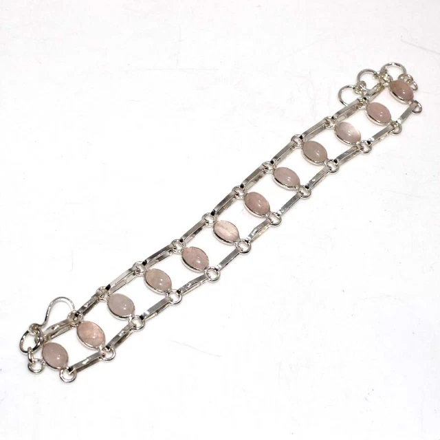 925 Silver Plated-Rose Quartz Ethnic Gemstone Long Bracelet Jewelry 8.5" JW