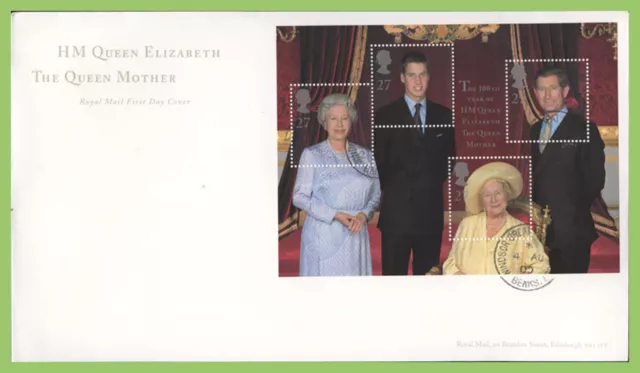 G.B. 2000 Queen Mother M/S on Royal Mail First Day Cover, Windsor Great Park cds