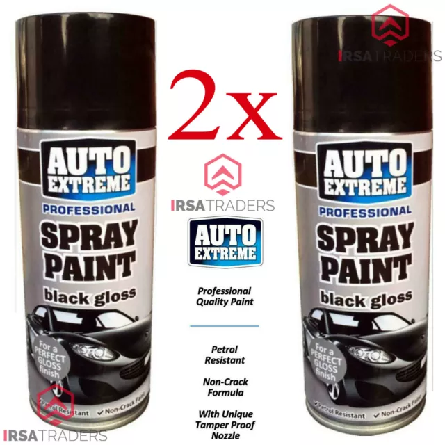 2x Black Gloss Spray Paint Aerosol Can Auto Extreme Car Bike Metal Wood 400ml