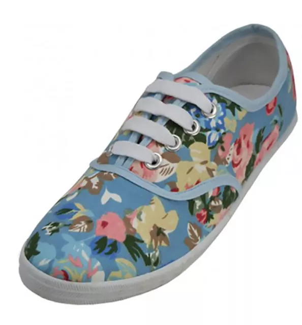 Womens Light Blue Floral Print Canvas Sneakers Lace Up Plimsoll Tennis Shoes