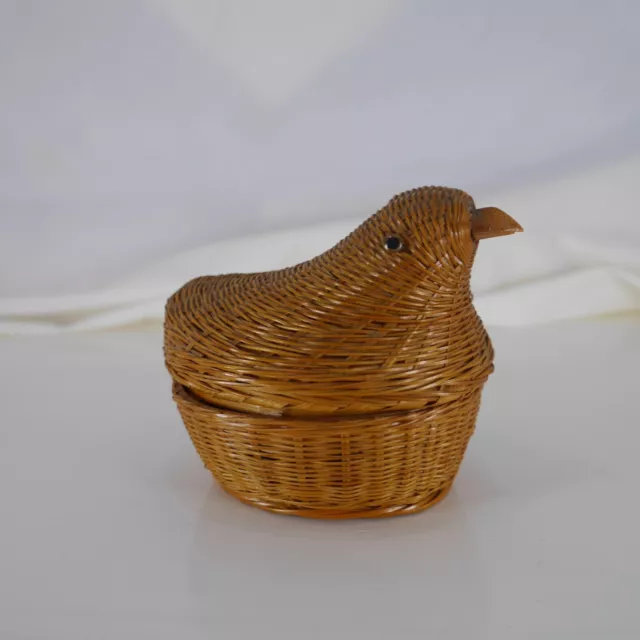 Vintage Wooden Wicker Bird Basket w/ Smaller Nesting Figurine Inside
