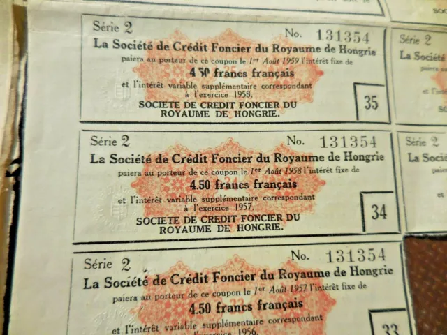 ACTIONS OBLIGATIONS COMMUNAL 500 FRANC porteur - crédit FONCIER HONGROIS 1943/58 3