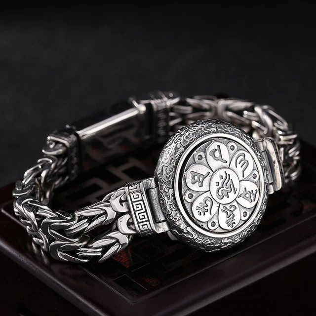 Pure S925 Sterling Silver Chain Men Six Words Rotates Byzantine Bracelet 73-74g