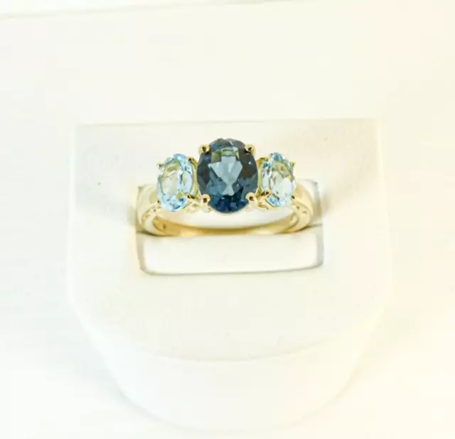 9ct Gold Topaz Ring Band London Blue Trilogy NEW Hallmarked Size N