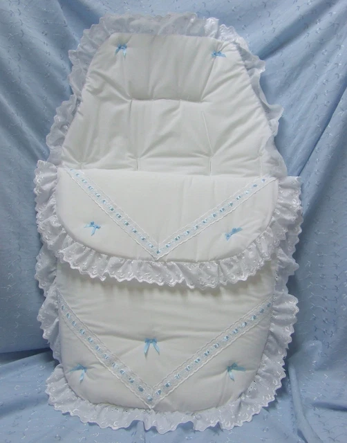 Cosy Toes/Footmuff 3in1 in white  blue ribbon & bows